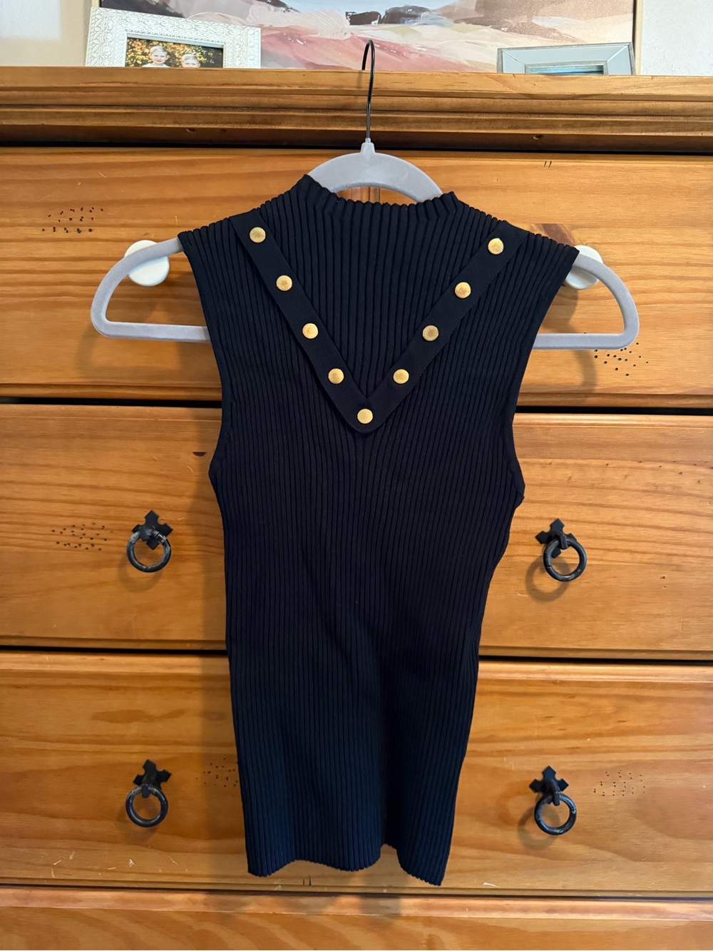 Eva Franco Black Ribbed Tank with Gold Stud V-Neck